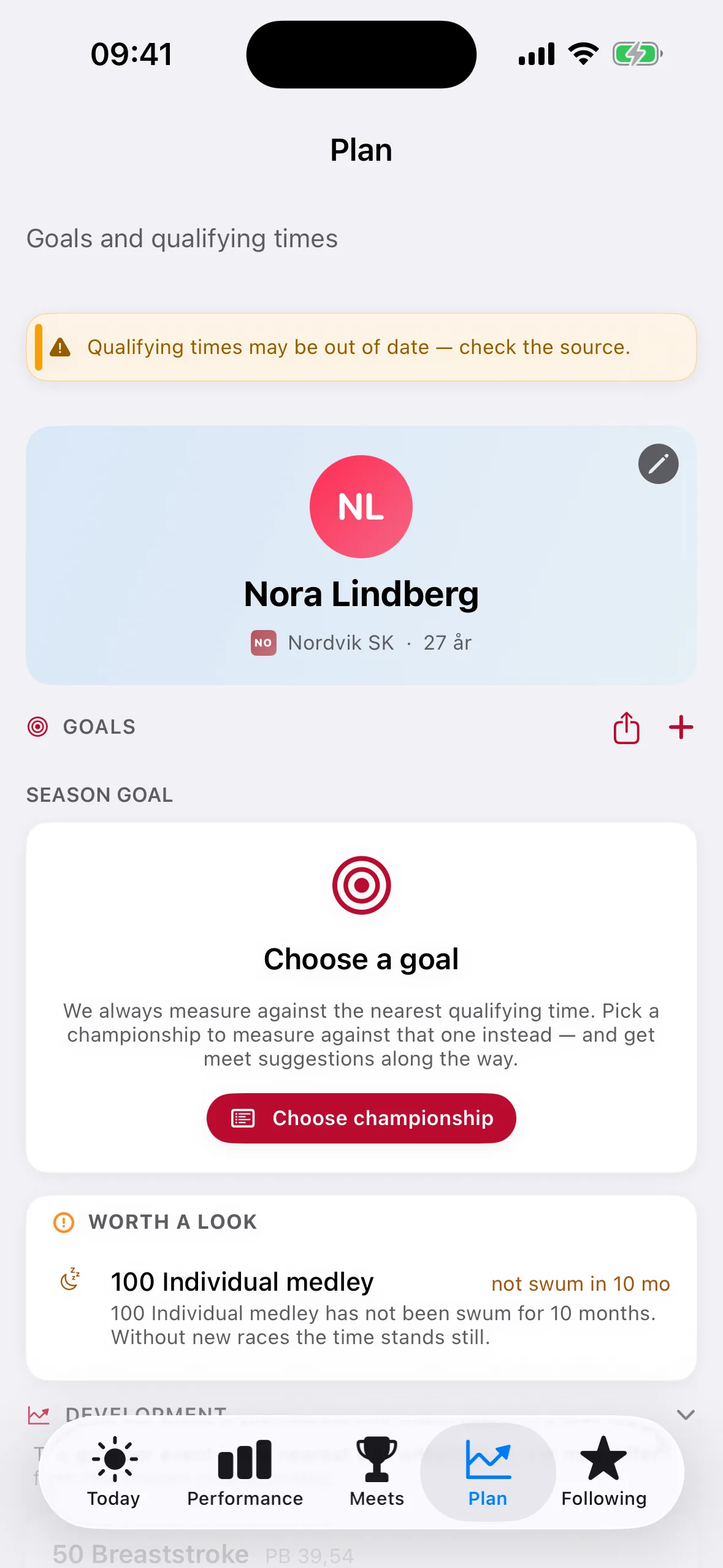 Plan screen showing goals and qualifying-time gaps